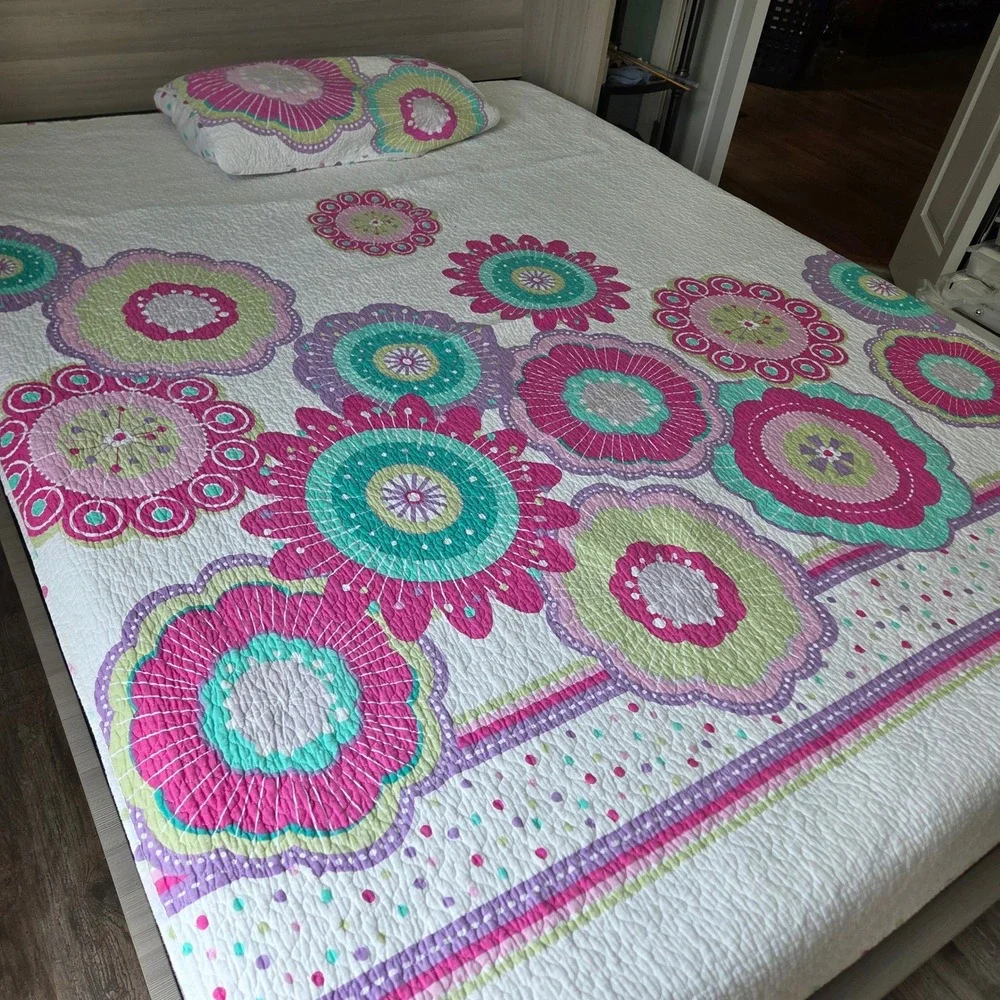 Cynthia Rowley Sophia Twin Quilt 2Pc Set Pink Turquoise Floral Polka Dot Boho